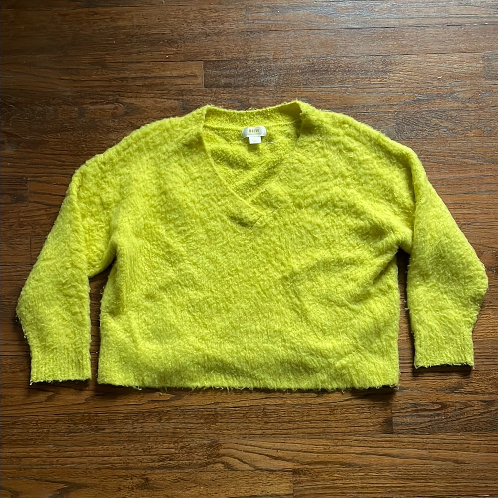 Anthropologie Maeve Bright Yellow Merino Wool Blend Plush V-Neck Sweater